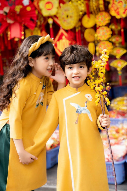 Family Yellow Embroidery Ao Dai Set (No Headband)