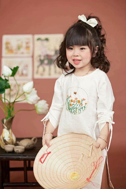 White Girl String Sleeve Ao Dai Set