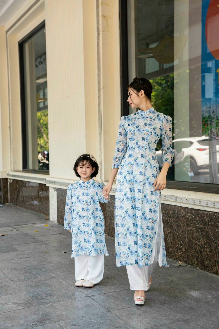 Mom and Daughter Blue Chiffon Puffy Sleeve Matching Ao Dai Set