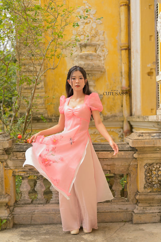 Pink Puffy Sleeve Ao Dai Set