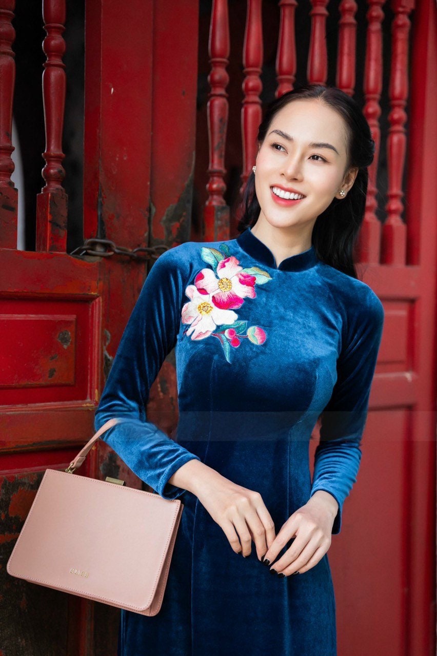 Prussian Blue Embroidery Velvet Ao Dai Top Only, NO PANTS