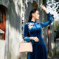 Prussian Blue Embroidery Velvet Ao Dai Top Only, NO PANTS