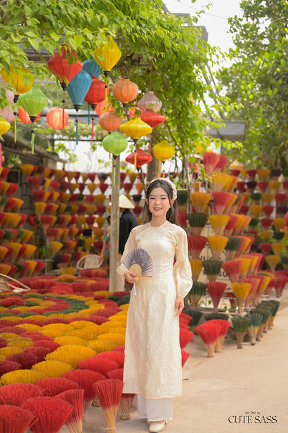 Cream Pearl Puffy Long Sleeve Ao Dai Set