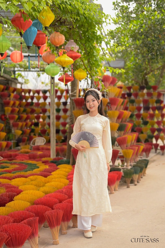 Cream Pearl Puffy Long Sleeve Ao Dai Set
