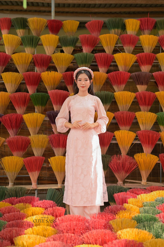Pink Pearl Puffy Long Sleeve Ao Dai Set