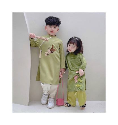 Boy Hac Embroidery Ao Dai (White, Green) | Pre-made Traditional Vietnamese Ao Dai | Lunar New Year| Ao Dai Truyen Thong | Ao Dai Kid