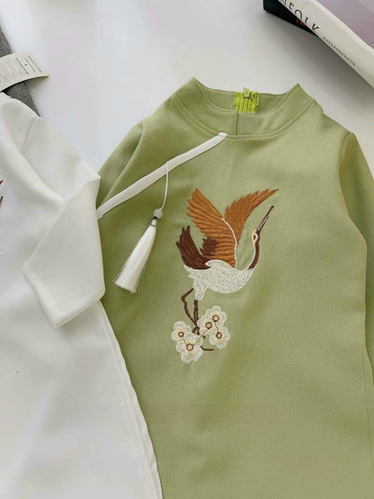 Boy Hac Embroidery Ao Dai (White, Green) | Pre-made Traditional Vietnamese Ao Dai | Lunar New Year| Ao Dai Truyen Thong | Ao Dai Kid