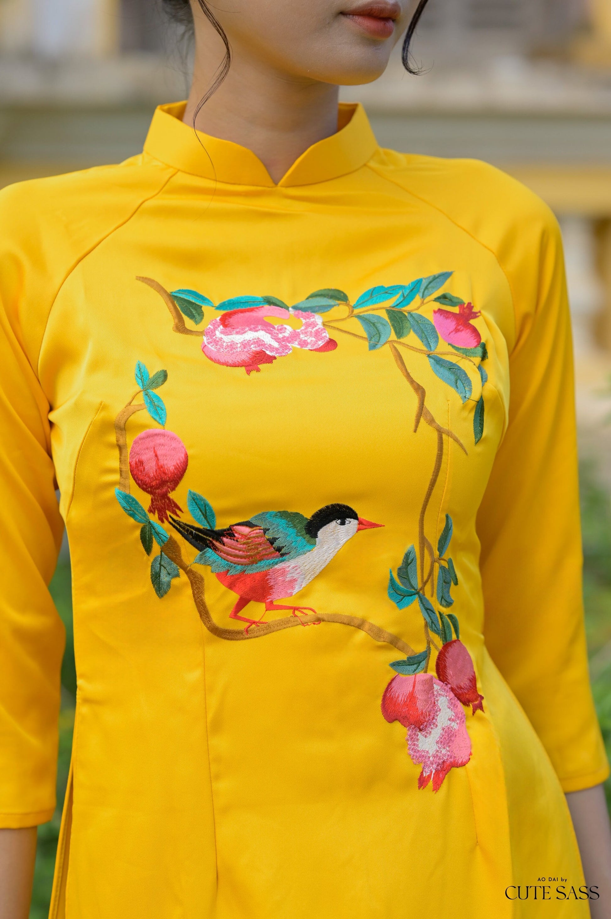 Yellow Embroidery Sparrow Ao Dai Set