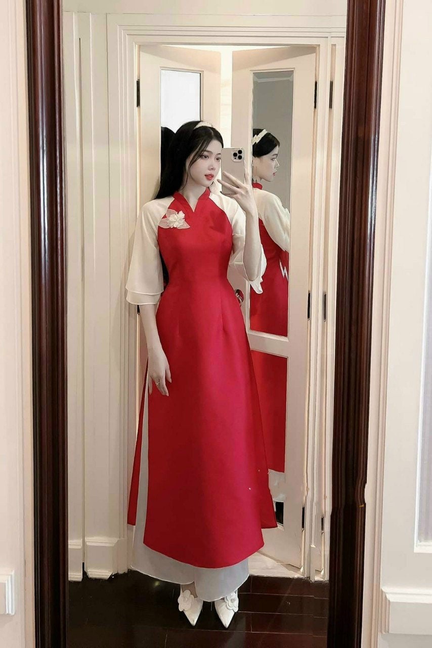 Red with 3D Flower Pin Ao Dai Set