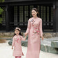 Mom and Daughter Blush Embroidery Matching Ao Dai Set (Hot Pink Pants)