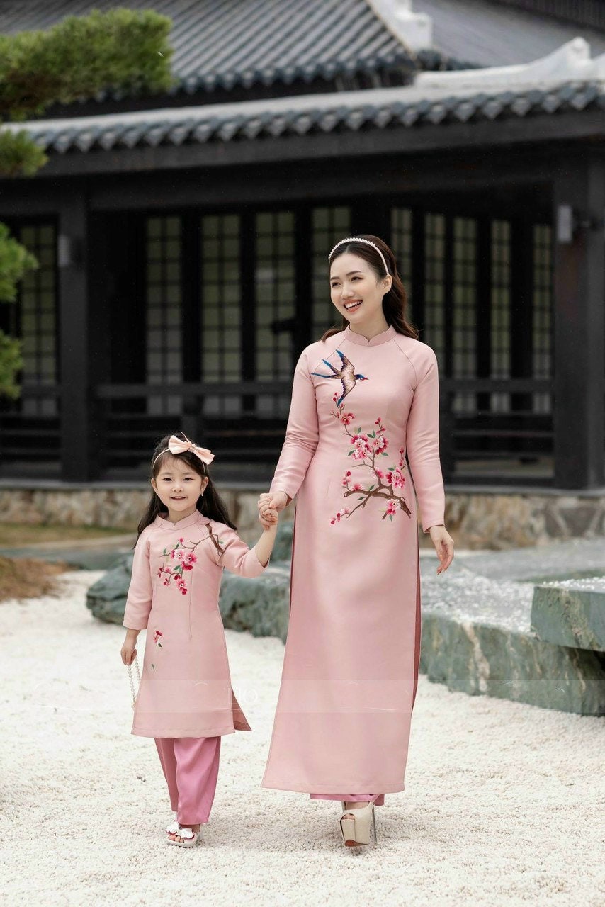 Mom and Daughter Blush Embroidery Matching Ao Dai Set (Hot Pink Pants)