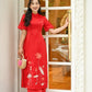 Mom and Daughter Puffy Sleeve Red Lotus Ao Dai Set