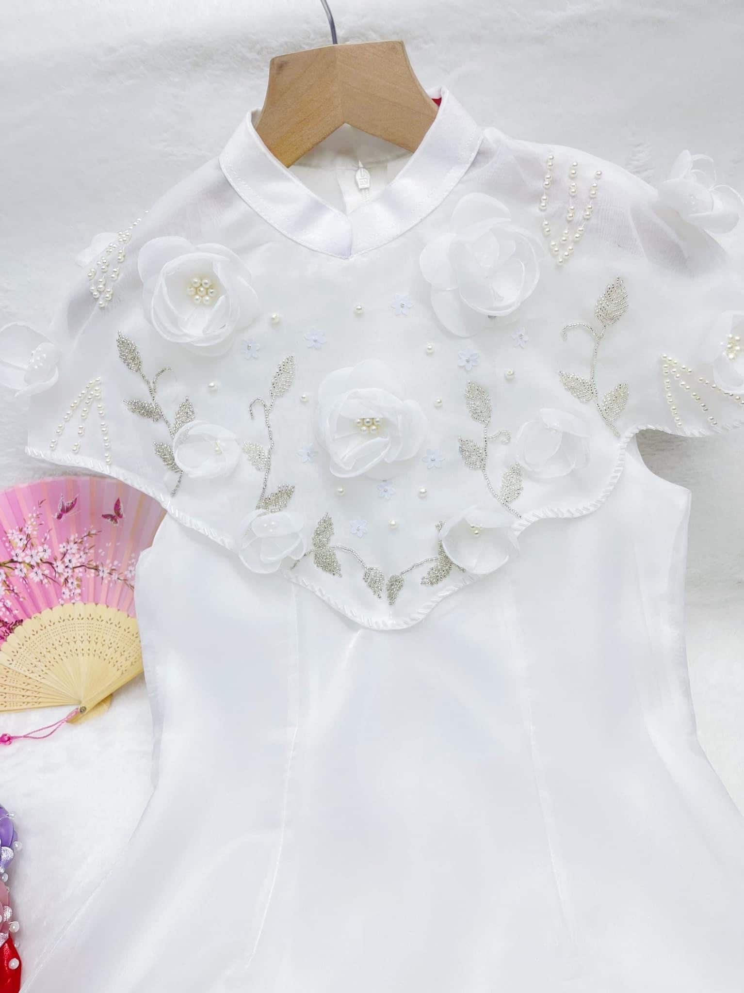 White Sleeveless Sewn On Cape Ao Dai Set