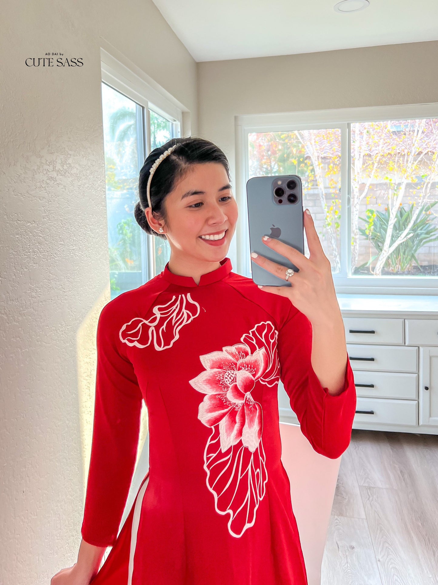 Red Embroidery Lotus Ao Dai Set