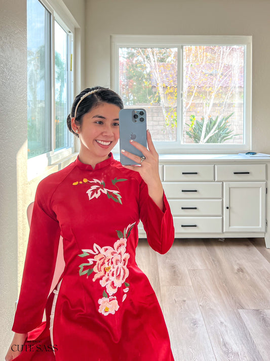 Red Embroidery Peony Ao Dai Set