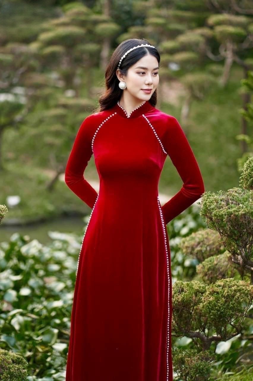 Red Velvet Pearl Ao Dai Top Only (No Pants)