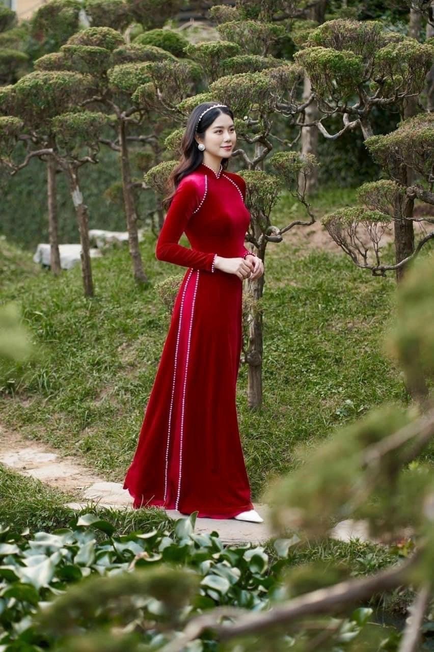 Red Velvet Pearl Ao Dai Top Only (No Pants)