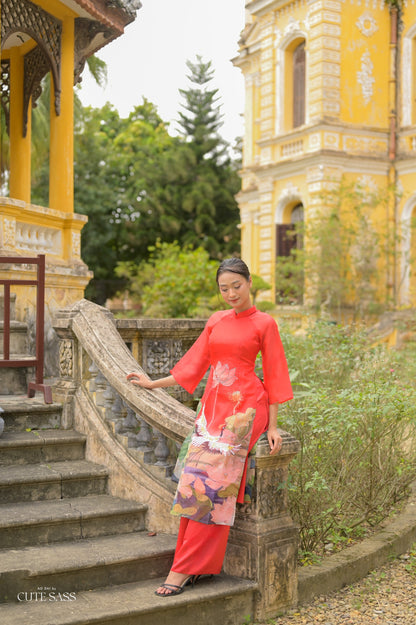 Red Sparkle Lotus & Crane Ao Dai Set