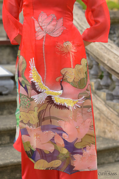 Red Sparkle Lotus & Crane Ao Dai Set