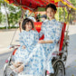 Mom and Daughter Blue Chiffon Puffy Sleeve Matching Ao Dai Set