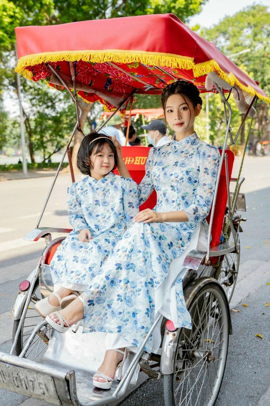 Mom and Daughter Blue Chiffon Puffy Sleeve Matching Ao Dai Set