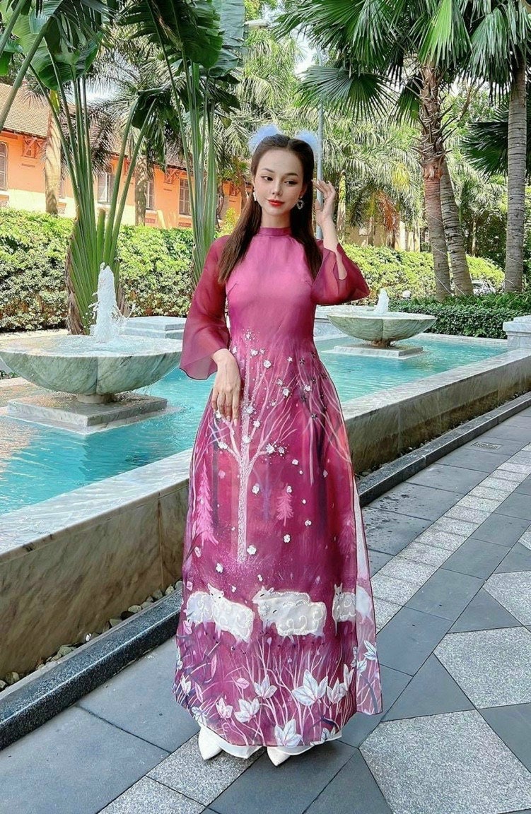 Purple Sheeps Chiffon Ao Dai Set