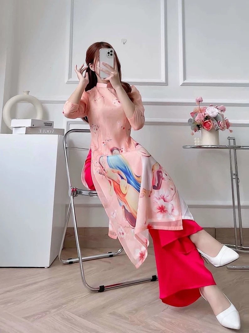 Peach 3-Lady Chiffon Ao Dai Set | Pre-made Modernized Vietnamese Ao Dai| Ao Dai with Pants| Lunar New Year| Ao Dai Cach Tan