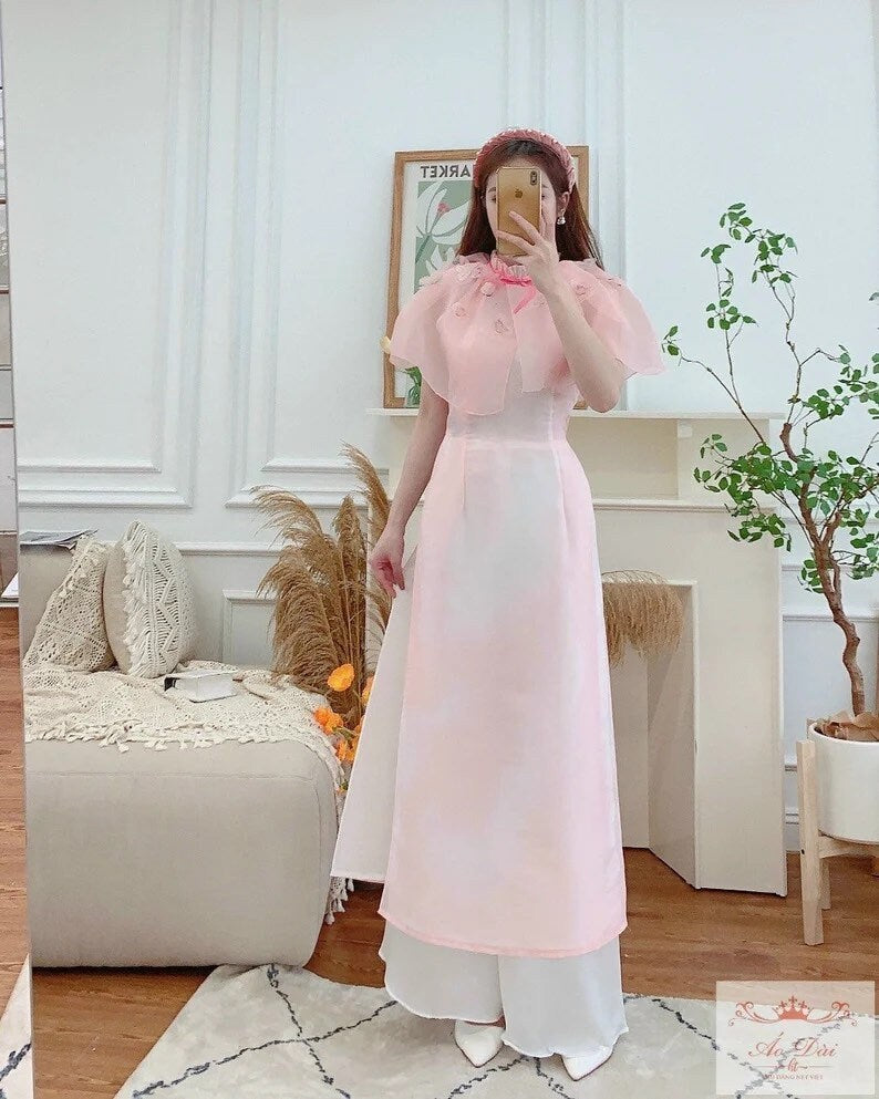 Pink Butterfly Wing Ao Dai Set | Pre-made Modernized Vietnamese Ao Dai | Women Pastel Ao Dai with Pants | Lunar New Year| Ao Dai Cach Tan
