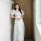 White Puffy Sleeve Sparkle Ao Dai Set | Pre-made Modernized Vietnamese Ao Dai| Ao Dai with Pants| Lunar New Year| Ao Dai Cach Tan
