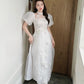 White Puffy Sleeve Sparkle Ao Dai Set | Pre-made Modernized Vietnamese Ao Dai| Ao Dai with Pants| Lunar New Year| Ao Dai Cach Tan