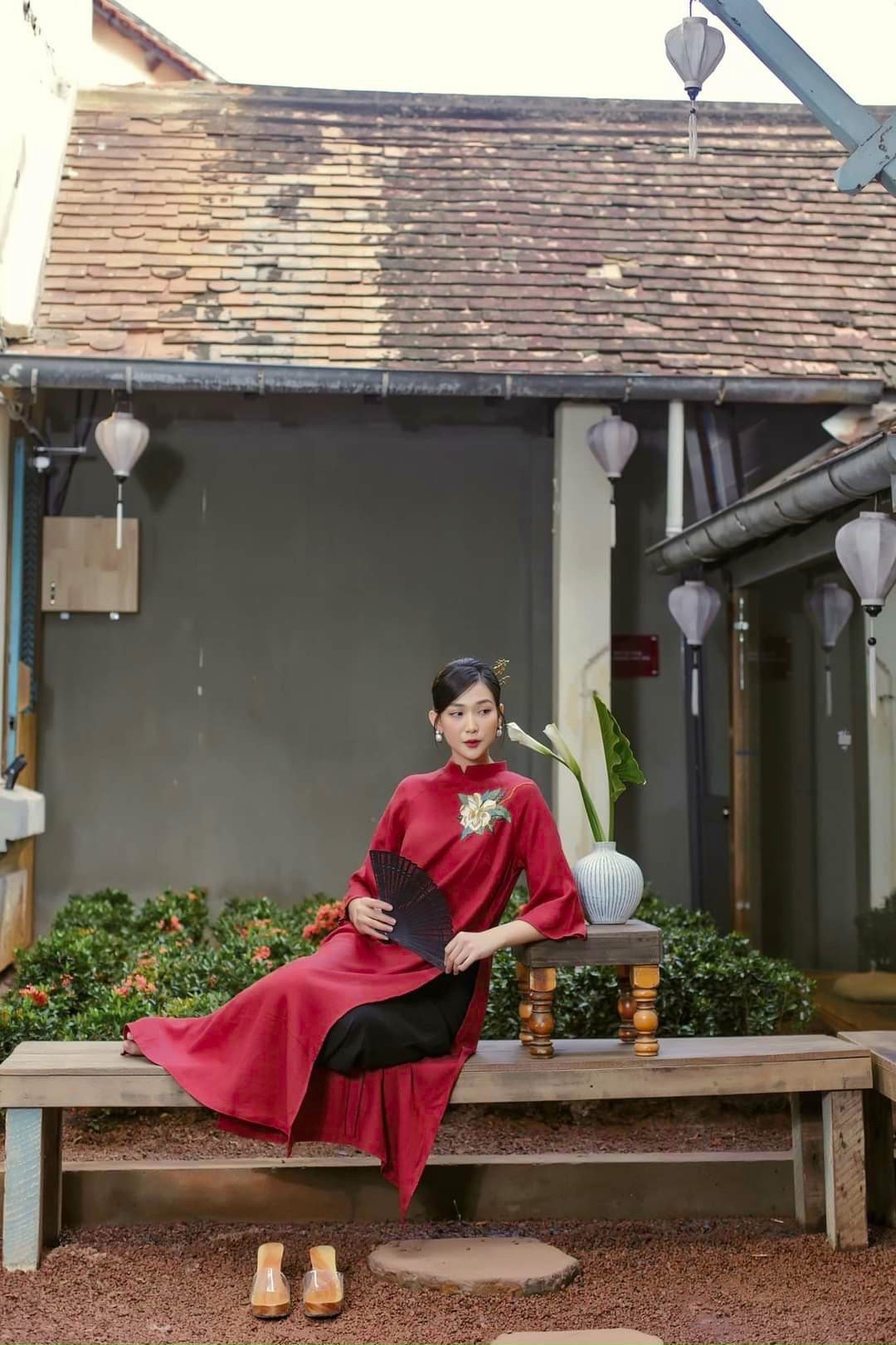 Shifted Orange Red Ao Dai Set | Pre-made Modernized Vietnamese Ao Dai| Women Ao Dai with Pants | Lunar New Year| Ao Dai Truyen Thong