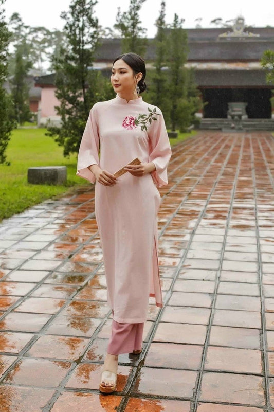 Shifted Light Pink Ao Dai Set | Pre-made Modernized Vietnamese Ao Dai| Women Ao Dai with Pants | Lunar New Year| Ao Dai Truyen Thong