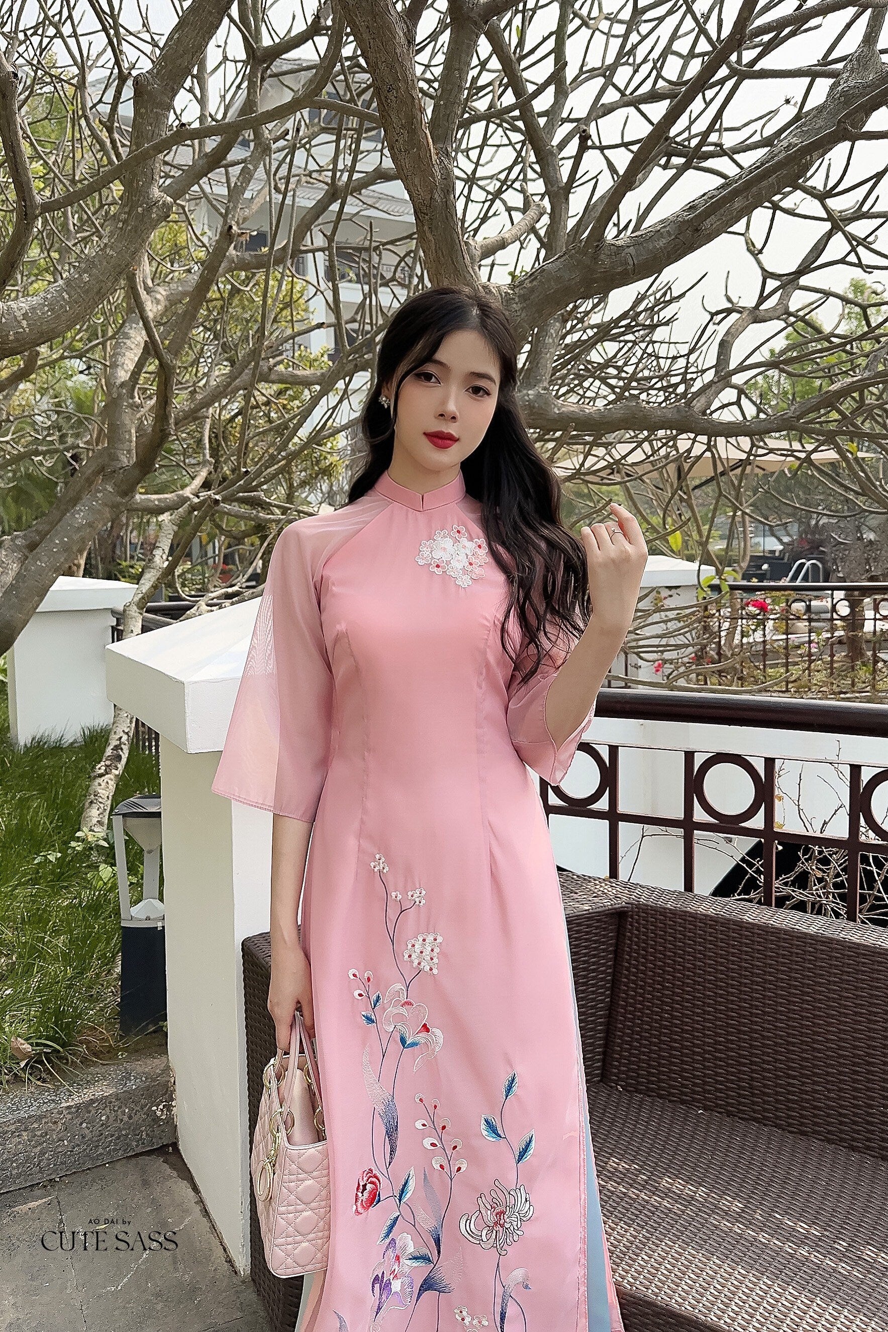 Pink Embroidery Flowers Ao Dai Set | Pre-made Modernized Vietnamese Ao Dai | Women Ao Dai with Pink Pants | Lunar New Year| Ao Dai Cach Tan