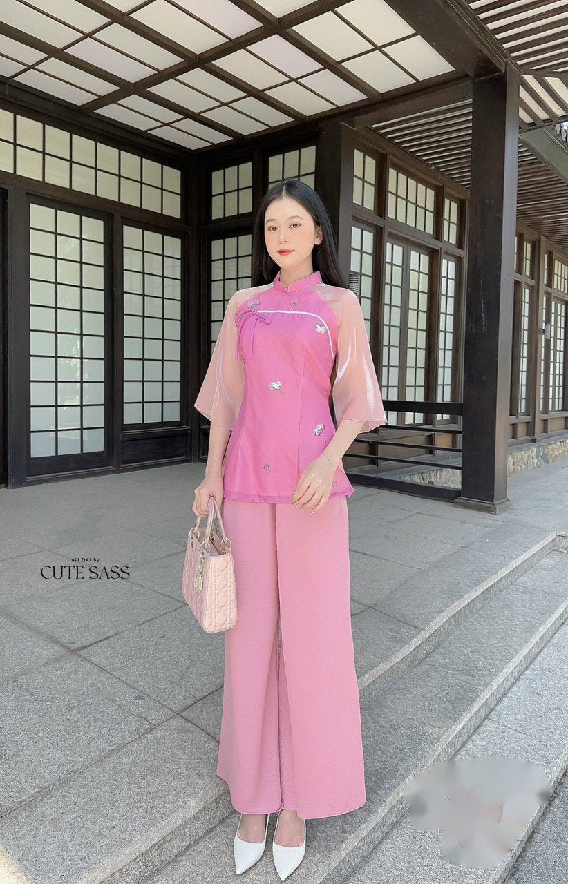 Pink Bow Modern Temple Set | Pre-made Traditional Vietnamese Phap Phuc| Lunar New Year| Ao Dai Truyen Thong|Women Ao Dai with Pants