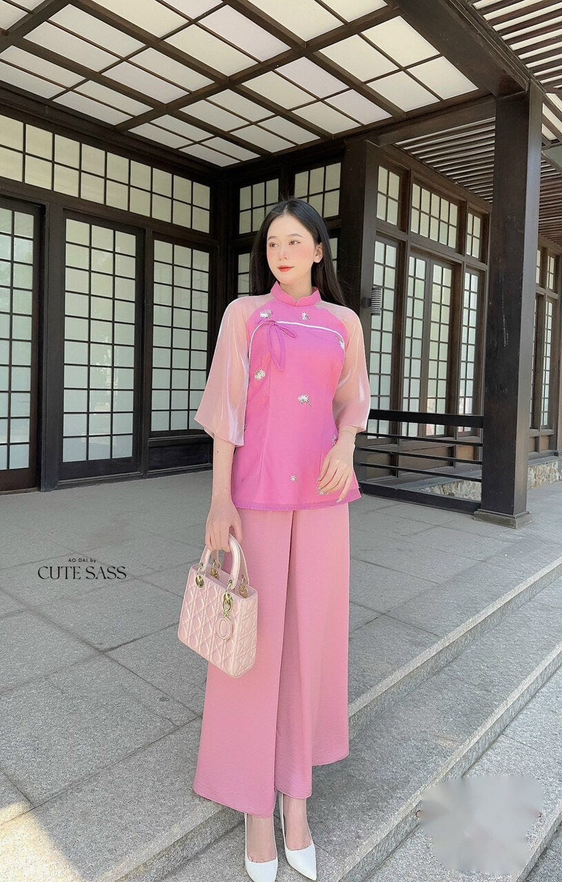 Pink Bow Modern Temple Set | Pre-made Traditional Vietnamese Phap Phuc| Lunar New Year| Ao Dai Truyen Thong|Women Ao Dai with Pants