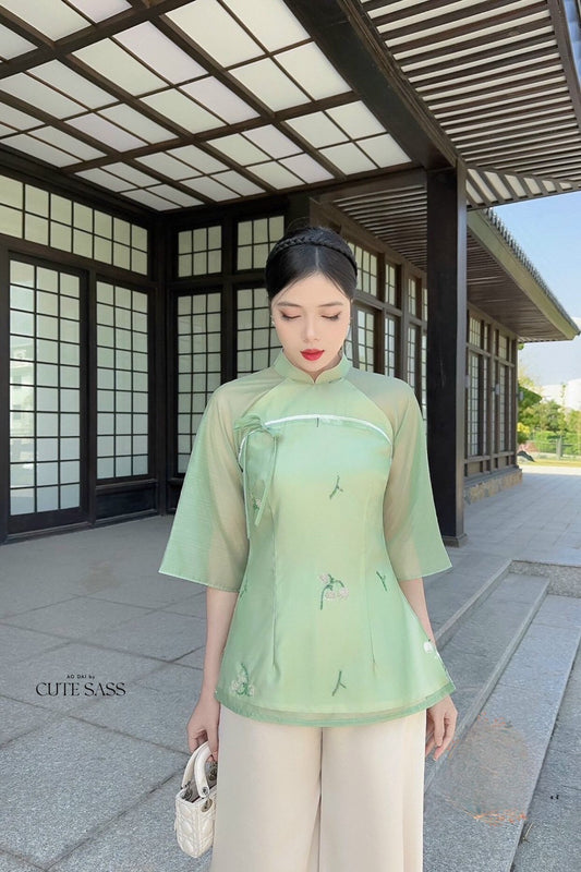 Green Bow Modern Temple Set | Pre-made Traditional Vietnamese Phap Phuc| Lunar New Year| Ao Dai Truyen Thong|Women Ao Dai with Pants