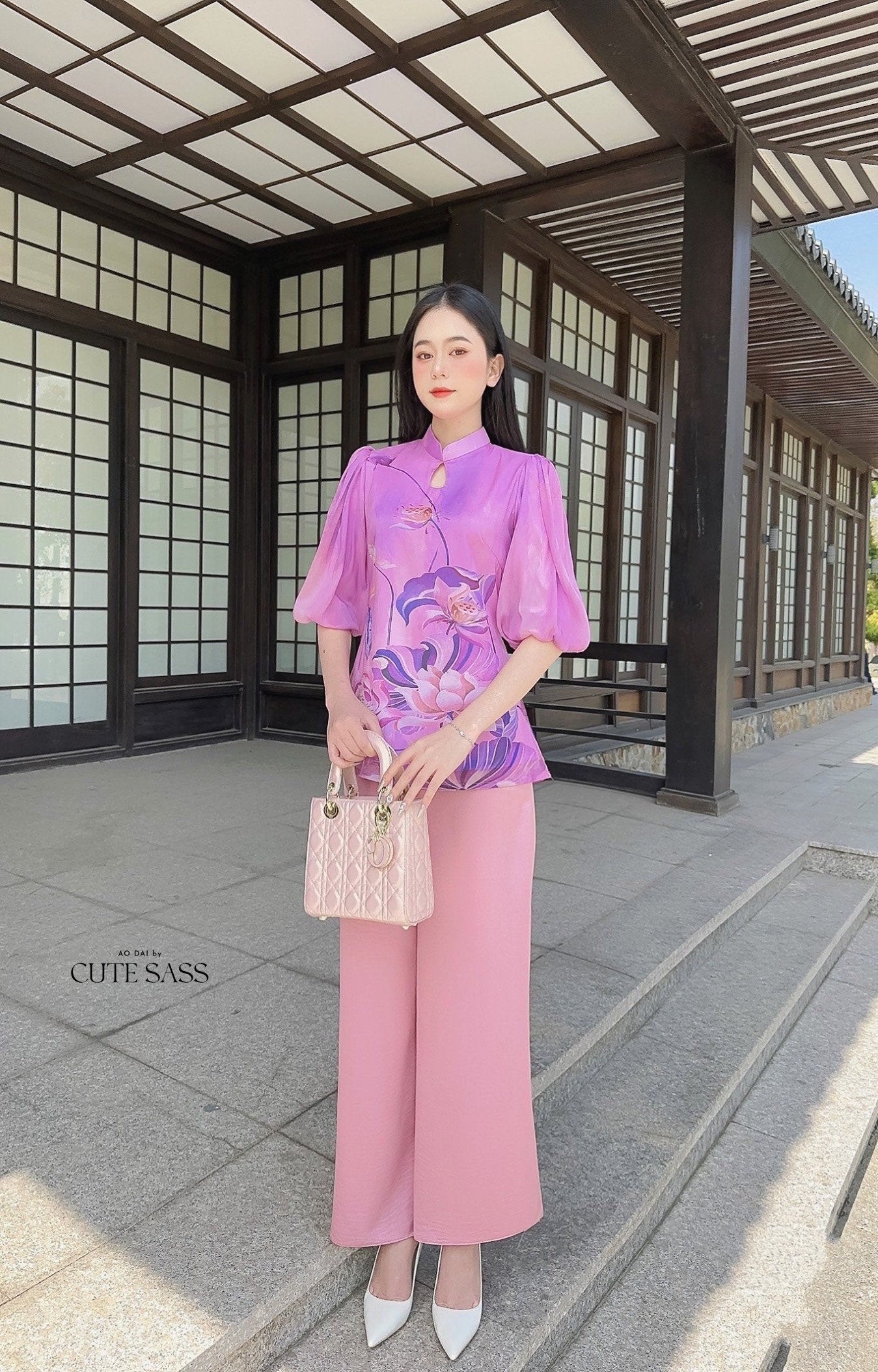 Purple Lotus Modern Temple Set | Pre-made Traditional Vietnamese Phap Phuc| Lunar New Year| Ao Dai Truyen Thong|Women Ao Dai with Pants