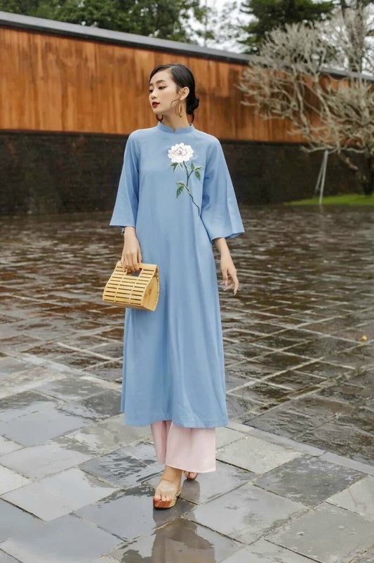 Shifted Light Blue Ao Dai Set | Pre-made Modernized Vietnamese Ao Dai| Women Ao Dai with Pants | Lunar New Year| Ao Dai Truyen Thong