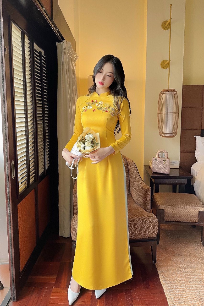 Yellow Embroidery Ao Dai Set (Pastel Green Pants)