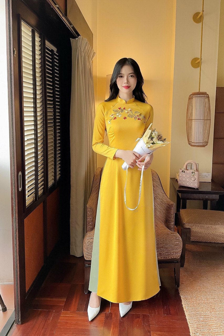 Yellow Embroidery Ao Dai Set (Pastel Green Pants)
