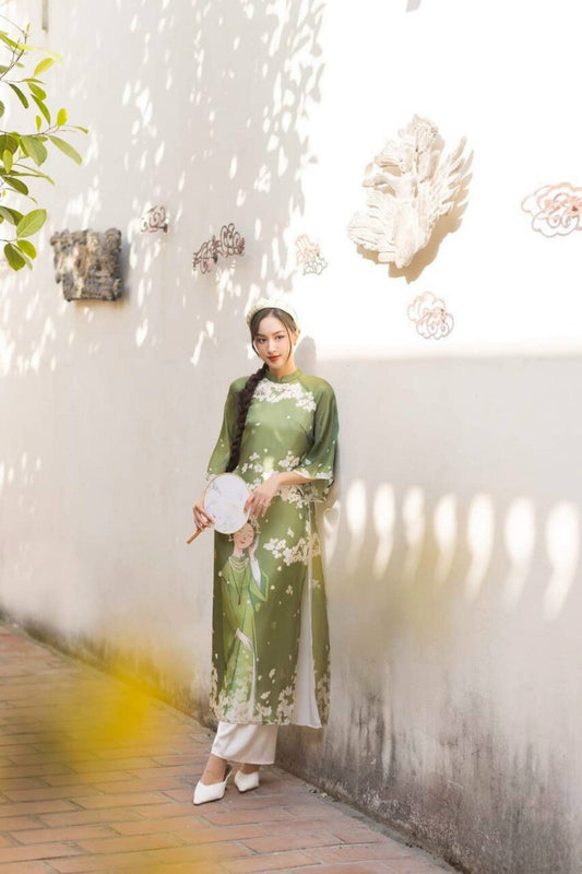 Shifted Green Spring Ao Dai Set | Pre-made Modernized Vietnamese Ao Dai| Women Ao Dai with Pants| Lunar New Year| Ao Dai Cach Tan