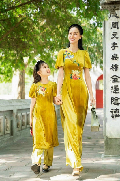 Mom and Daughter Yellow Embroidery Velvet Ao Dai Top Only, NO PANTS | Pre-made Traditional Vietnamese Ao Dai | Lunar New Year |