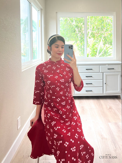 Red Mini Flower Ao Dai Top Only (NO PANTS) | Pre-made Modernized Vietnamese Ao Dai| Women Ao Dai | Lunar New Year| Ao Dai Cach Tan