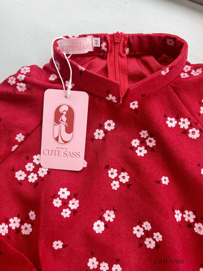 Red Mini Flower Ao Dai Top Only (NO PANTS) | Pre-made Modernized Vietnamese Ao Dai| Women Ao Dai | Lunar New Year| Ao Dai Cach Tan
