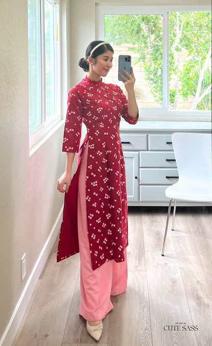 Red Mini Flower Ao Dai Top Only (NO PANTS) | Pre-made Modernized Vietnamese Ao Dai| Women Ao Dai | Lunar New Year| Ao Dai Cach Tan