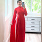 Plain Red Gam Silk with Pearls Ao Dai Set | Pre-made Traditional Vietnamese Ao Dai | Lunar New Year| Ao Dai Truyen Thong|Ao Dai with Pants