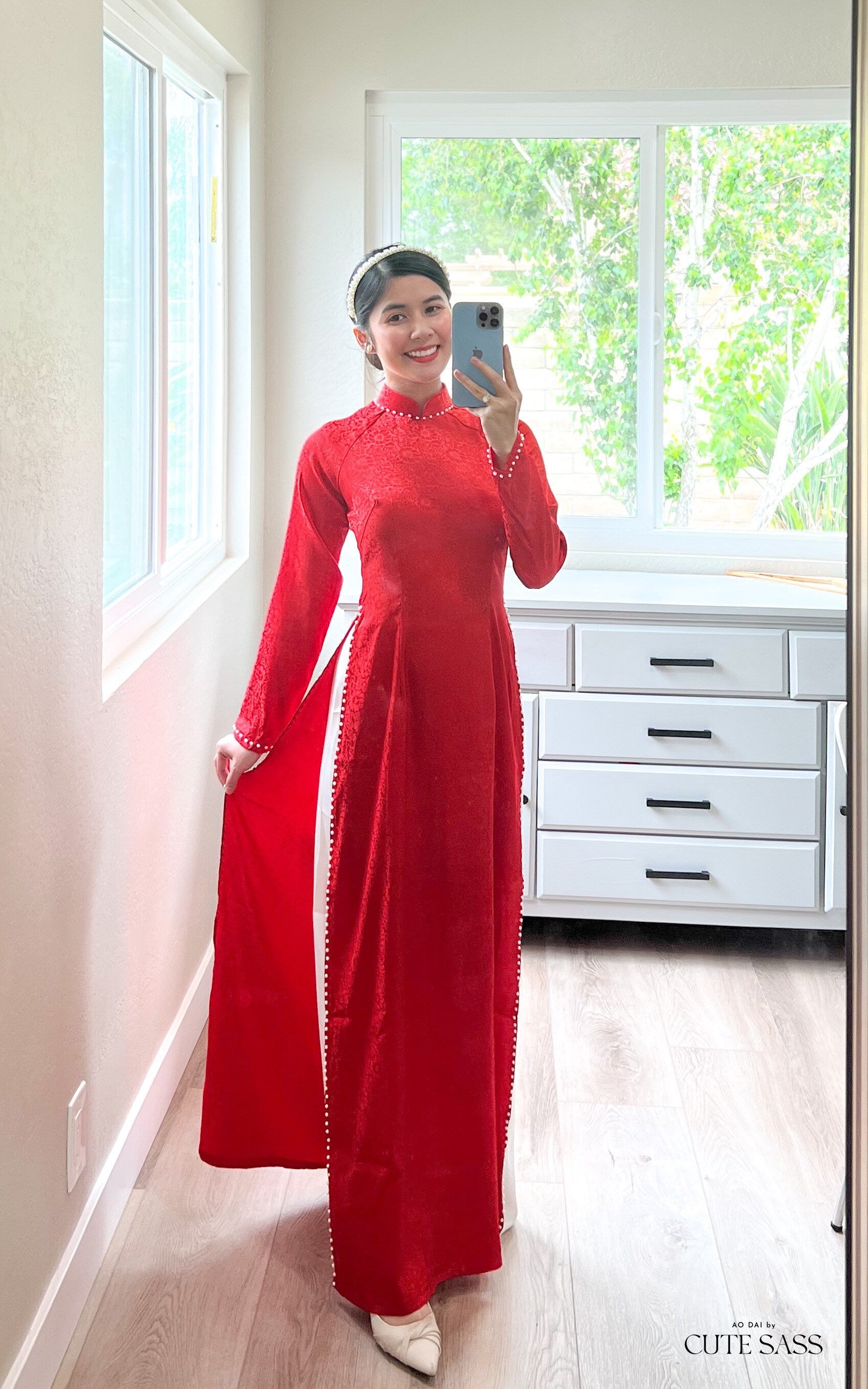 Plain Red Gam Silk with Pearls Ao Dai Set | Pre-made Traditional Vietnamese Ao Dai | Lunar New Year| Ao Dai Truyen Thong|Ao Dai with Pants