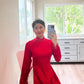 Plain Red Gam Silk with Pearls Ao Dai Set | Pre-made Traditional Vietnamese Ao Dai | Lunar New Year| Ao Dai Truyen Thong|Ao Dai with Pants