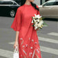 Shifted Red Chiffon Ao Dai Set