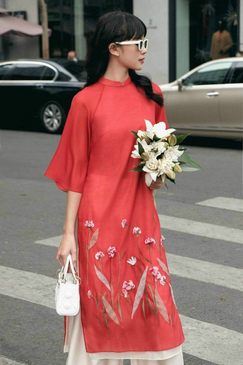Shifted Red Chiffon Ao Dai Set